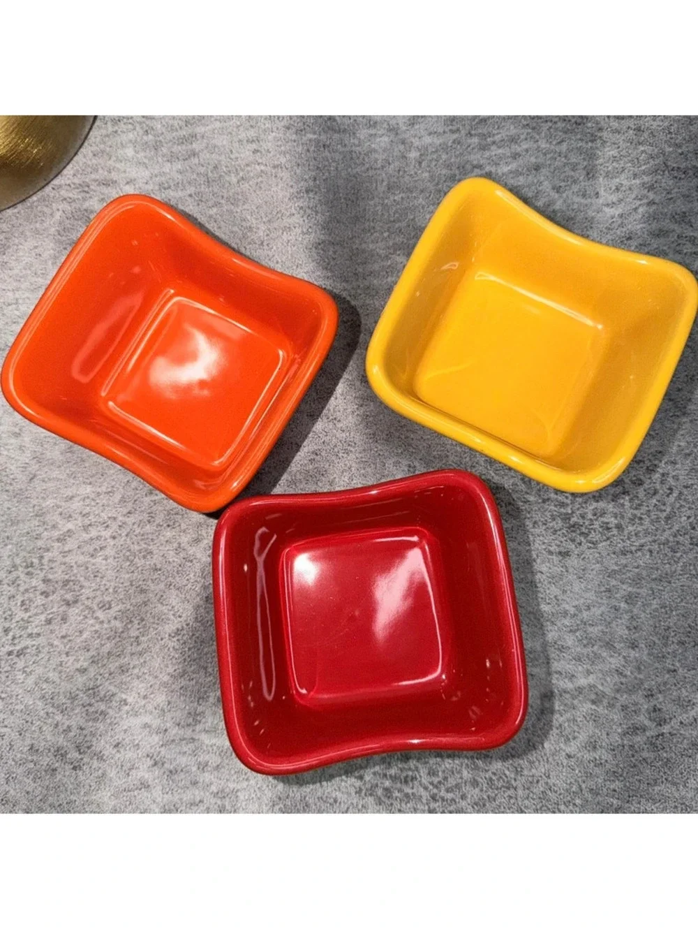 Rachael Ray Set of 3 Mini 3 oz Stoneware Square Dipping Bowls Red Orange Yellow
